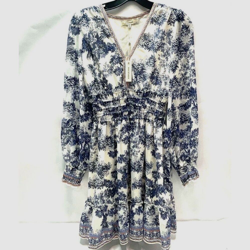 NWT Max Studio Long Sleeve Smocked Georgette Minidress - Blue White Floral XS